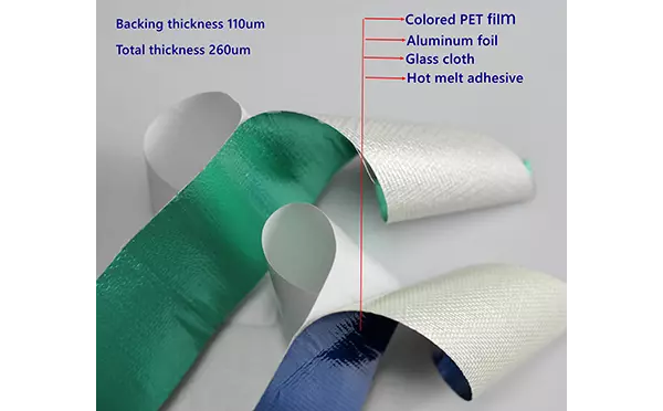 Tarp Repair Tape Structure, Colored PET film + aluminum foil + glass cloth laminated backing coated with hot melt adhesive with released paper liner